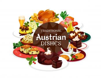 Austrian traditional dishes, vector banner of national food. Vector main courses and desserts, beer and Christmas goose. Potato pasta with cabbage, chocolate cake sacher, cheese knodel