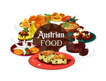 Austrian cuisine food, snacks and desserts isolated banner. Vector goose and jug of oil, vanilla horseshoes and vasilapita, chocolate cake sacher. Goulash in Tyrolean, cheese knodels
