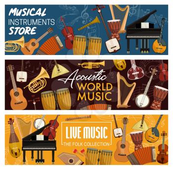 Musical instruments, folk and acoustic, music store. Vector orchestra violin and piano, contrabass and guitar. Harp and trumpet, flute pipe and maracas, percussion ethnic pipe