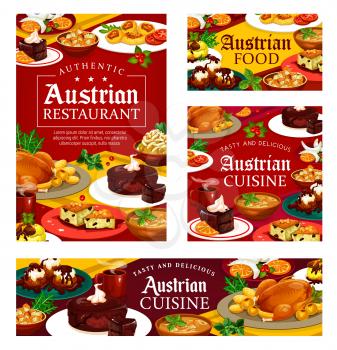 Authentic austrian cuisine food, restaurant or cafe menu. Vector cuisine of Austria, national main course meals and desserts. Tyrolean beef stew goulash and chocolate cake sacher, baked goose on plate