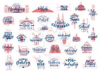 German travel lettering icons of food, drink and landmarks of Germany vector design. Oktoberfest beer, pretzel and sausage, Munich castle, Brandenburg gate, timbered house and Alps mountain sketches