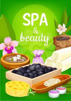Spa and beauty salon treatments, massage and health therapy. Vector bamboo towels, massage stones and aromatherapy candles, bath salt, sponge and floral lotion, orchid flowers and green palm leaves