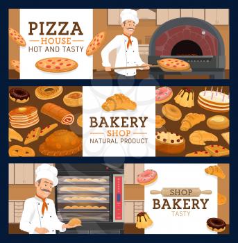Bakery and pastry shop, pizza house or pizzeria vector banners. Bakers with bread, croissant and cake, cupcake, donut and bagel, muffin, pie and sweet bun, pepperoni, cookie, waffle and pancake