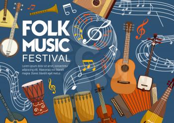 Folk music bands festival poster, musical instruments and note staff. Vector stringed and acoustic folk music african jembe drum and Japanese shamisen, accordion harmonica and mandolin