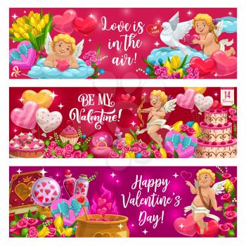 Love in air, be my Valentine motto on Valentines day holidays. Vector cupids and doves, heart shaped air balloons, candies. Elixir of love, tulips and rose flowers, cake and calendar February 14 date