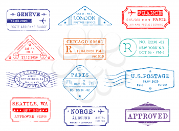 Airmail postage stamps with city and dates, vector icons. Post office delivery and customs approval stamps of London in Britain, Seattle and New York in USA, Paris France and Geneva in Switzerland