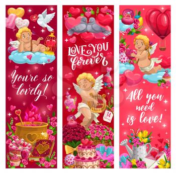 Valentines Day Cupids with romantic love holiday gifts and red hearts vector design. Chocolate cakes, balloons and wedding ring, rose flowers, calendar and ribbon bows, love potion and letter envelope