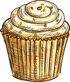 Cupcake decorated by sugar glaze isolated muffin sketch. Vector caramel birthday cake