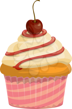 Cupcake with whipped cream and cherry isolated. Vector homemade buttercream cake topped by berry