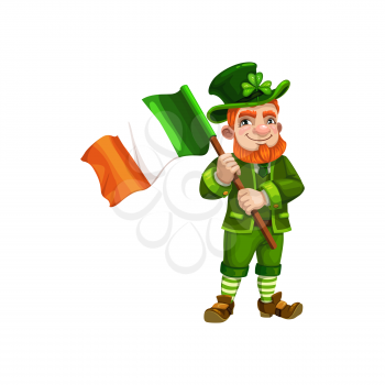Irish leprechaun with flag of Ireland isolated gnome in green. Vector man with lucky clover in hat