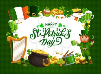 Happy St Patrick day calligraphy in Ireland Celtic luck symbols frame. Vector Saint Patrick day celebration Irish flag, leprechaun with green beer mug, golden coins in cauldron and shamrock clover