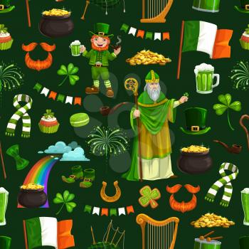 St. Patricks day Irish holiday seamless pattern. Vector Saint Patrick with stick, rainbow, pot with treasures, leprechaun smoking pipe and drinking beer. Symbols of Ireland background, lucky horseshoe
