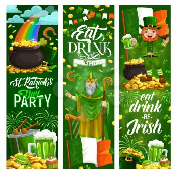 Eat, drink and be Irish motto on Saint Patricks day. Vector golden treasures and bagpipe, Holy St. Patrick with stick and rainbow with clouds and money rain. Smoking pipe, holiday lettering greetings