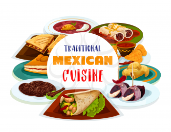 Mexican cuisine food, Latin America traditional dishes. Vector Mexican restaurant menu cover, burrito and empanada or quesadilla, cinnamon cookies, capiotada and beef tortillas with spicy beans