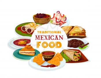 Mexican cuisine, Mexico and Latin America traditional restaurant menu dishes, food cooking recipe book cover. Vector Mexican meat tortilla quesadilla, nachos and salsa, burrito and capirotada pudding