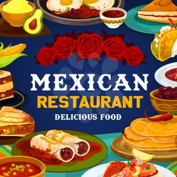 Mexican traditional food meals and dishes, Mexico and Latin America restaurant menu. Vector Mexican lunch and dinner food, burrito and tacos, quesadilla and beans empanada, spicy salsa and guacamole