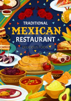Mexican cuisine restaurant menu, Latin America traditional authentic dishes and lunch meals. Vector Mexican burrito, cinnamon cookie and capirotada pudding, scrambled egg with meat and spicy bean soup