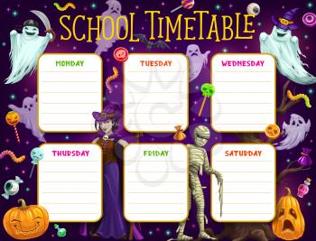 School timetable, children schedule or education plan with vector background frame of Halloween monsters. Weekly study planner of lesson or class charts with cartoon horror pumpkins, ghosts and witch