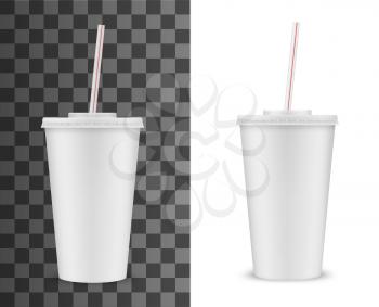 Disposable plastic cup with lid and straw isolated 3D realistic vector mockup. Blank white takeaway cup for cold or hot drink, soda beverage and coffee, cocktail and tea. Fast food isolated cup