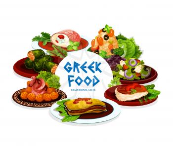 Greek food of meat, fish, vegetable and seafood dishes vector icon. Feta cheese olive salad, shrimp risotto and beef rolls, dolma, meatball keftedes and eggplant moussaka. Mediterranean cuisine design