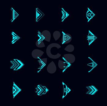 Hud arrows, futuristic navigation pointers, Sci Fi Ui interface. Digital techno style vector elements. Neon glowing buttons for computer game or app menu, modern graphic design cursor symbols set
