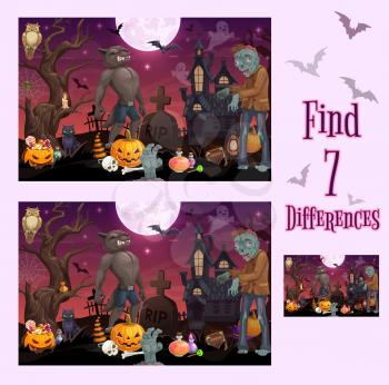Kids game of find or spot differences vector template with cartoon Halloween monsters and pumpkins. Children education game, puzzle, quiz or riddle of finding differences between pictures with answers