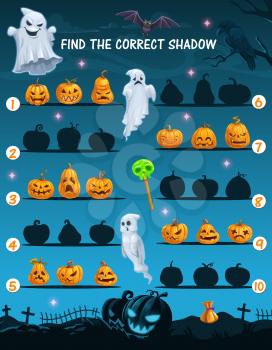 Kids find shadow riddle with Halloween pumpkin lanterns faces, ghosts cartoon characters. Child logical game, educational puzzle or quiz. Kids playing activity with Halloween monsters, candy and bat