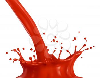 Tomato juice drink flow with crown splash. Red paint pouring motion, fresh vegetable or fruit juice 3d realistic vector stream, isolated splash with droplets. Healthy diet and natural drink background