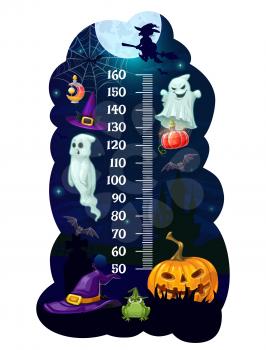 Kids height chart Halloween monsters growth measure meter. Cartoon vector wall sticker with wizard hat, ghosts, witch on broom and pumpkin with bat or cauldron. Children height measurement scale
