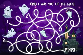 Halloween kids labyrinth maze game with funny ghosts. Vector puzzle help spooky characters find way to haunted castle at night. Children board game, task with tangled path, education preschool riddle
