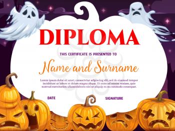 Children graduation diploma with Halloween pumpkin and ghosts. Spooky spirits flying at night, jack-o-lanterns with scary faces cartoon vector. Child school diploma, kid holiday celebration invitation