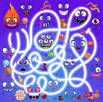 Kid labyrinth maze with halloween cartoon monsters faces and candies. Child find way exercise, search path game activity worksheet. Smiling creepy creatures toothy maws and cute eyes, lollypop candy