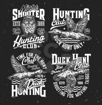 Tshirt prints with sketch duck and owl, vector mascots for hunting society or hunter club. Flying mallard and grunge typography for apparel design. Wild birds hunt team, t shirt monochrome prints