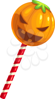 Gummy pumpkin on stick isolated Halloween chewy gum. Vector caramel lollipop, sweet jelly round candy in shape of pumpkin with green leaves. Trick or treat dessert, tasty bonbon confection spooky face