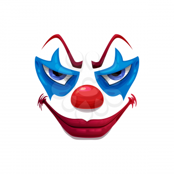 Creepy clown face vector icon, smiling funster mask with makeup, red nose, lips and angry eyes. Scary smiling Halloween character emoticon, isolated horror creature emoji