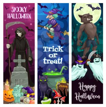 Happy Halloween banners with spooky monsters. Death grim reaper with scythe on cemetery, witch on broom and werewolf, ghosts, black cat and cauldron cartoon vector. Halloween trick or treat posters