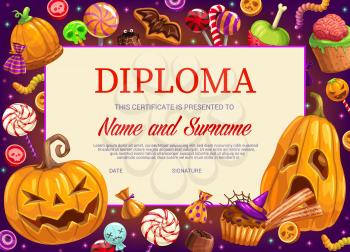 Kids diploma or education certificate with vector background frame of Halloween pumpkins and trick or treat candies. Winner appreciation award and achievement certificate of school graduation
