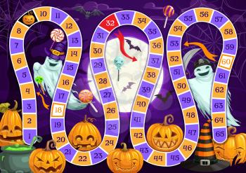 Kids step board game vector template with Halloween monster characters. Cartoon boardgame with numbered block path, ghosts and pumpkins. Educational children riddle or preschool activity, recreation