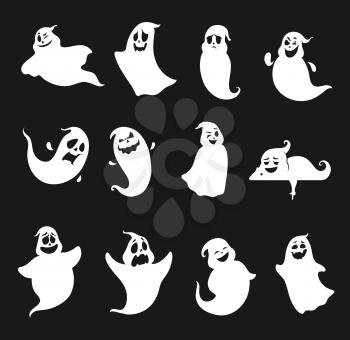 Funny and scary cartoon Halloween ghost silhouettes for holiday stickers. Halloween flying and lying ghosts, holiday spirits funny vector character with happy smiling, gloomy and angry screaming faces