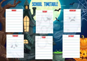 School timetable schedule Halloween weekly planner, vector cartoon template. Halloween school time table and week schedule organizer and study with pumpkins, night house and bats on scary background