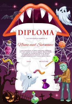 Kids diploma template with Halloween monsters. Child school diploma, children graduation vector certificate with ghost, spider web and zombie, candies, Halloween cartoon pumpkin and cemetery crosses