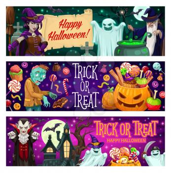 Halloween party cartoon vector banners. Witch hold broom, Jack-o-lantern pumpkin with trick or treat sweets, zombie, old magician, vampire and spooky ghosts on cemetery, haunted creepy castle at night