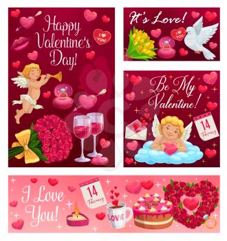 Happy Valentines day calligraphy wishes, I love you and Be my Valentine. Vector cupid angel in cloud with heart and arrow, 14 February pink roses, lip kiss and wine, wedding cake and ring