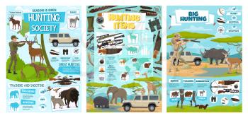 Hunting equipment and hunt animals infographic diagrams and information statistics. Vector African safari hunt wild animals and hunter ammo, open season trophy shooting training club