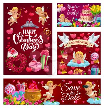 Happy Valentines Day, Save the Date calligraphy invitation, 14 February. Vector cupids and couples of doves, wedding cake and flower bouquets. Letters with love messages, gifts and heart in cage