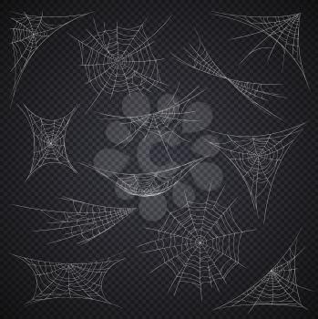 Isolated spider web and cobweb, Halloween holiday decorations on vector transparent background. Cartoon spiderwebs or sticky nets on corners, Halloween horror night party spooky decor