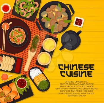Chinese cuisine restaurant dishes and drinks menu cover. Fried clams in wine sauce, Chinese tea and seafood noodles, seaweed salad, ginger rice and spring rolls, dumpling, shrimps with beans vector