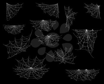 Cartoon spider web and cobweb, Halloween decorations, vector horror night party, vector set. Halloween spiderweb nets on corners on transparent background, holiday trick or treat spooky decor