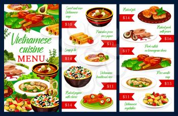 Vietnamese cuisine restaurant menu with meat and fish dishes. Vector vegetable rice, beef pho bo, noodle and sweet sour soups, grilled cutlets, baked pork, stuffed pepper with cheese, pancakes