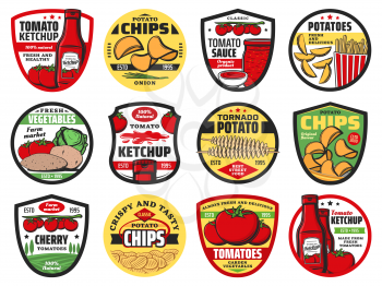 Potato and tomato vegetable food product vector icons. Ketchup bottles and sauce jar, french fries, chips and fried tornado swirls, farm cherry tomatoes and potato veggies, labels and emblems